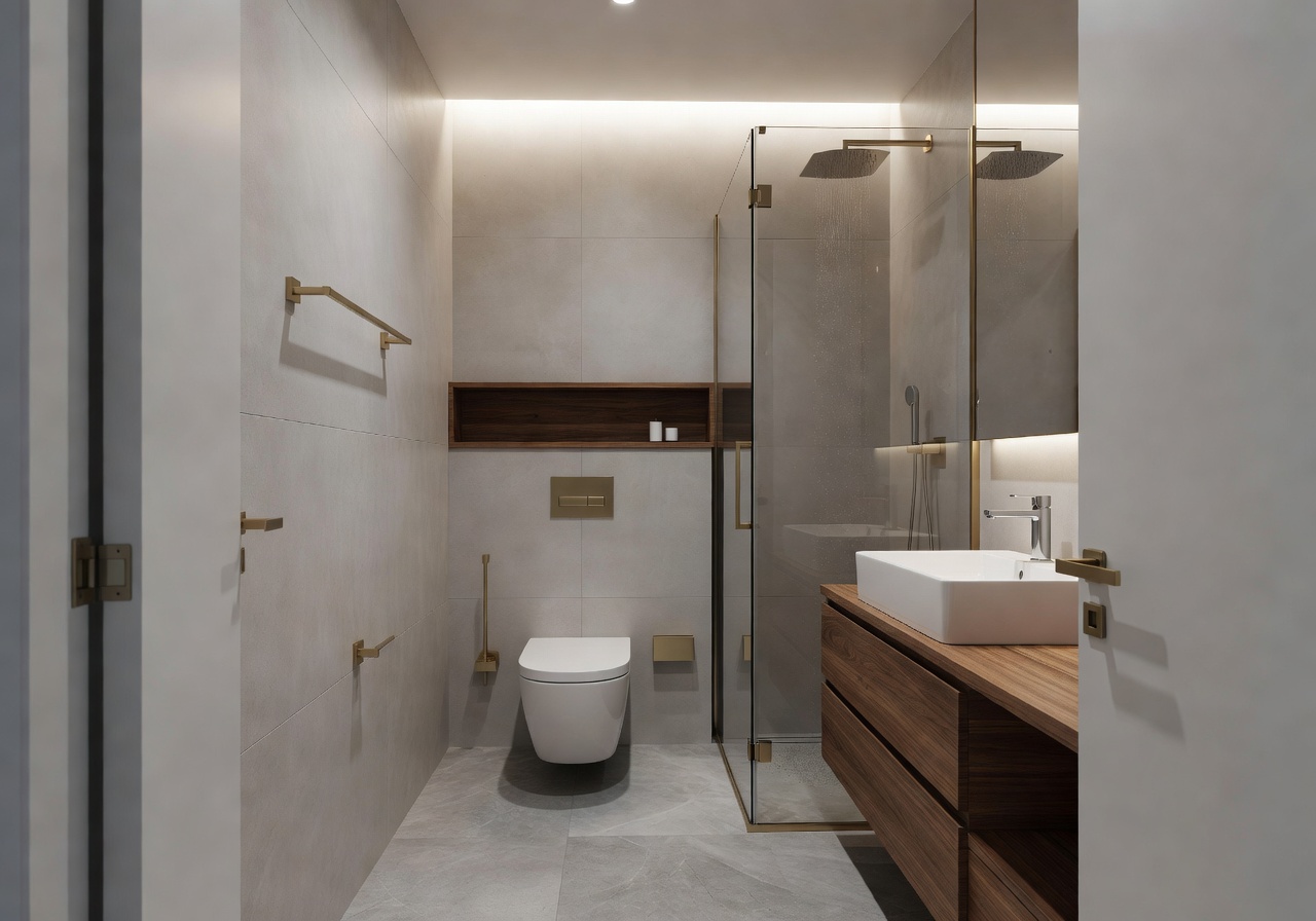 A1 Compact bathroom with modern fixtures and wood accents