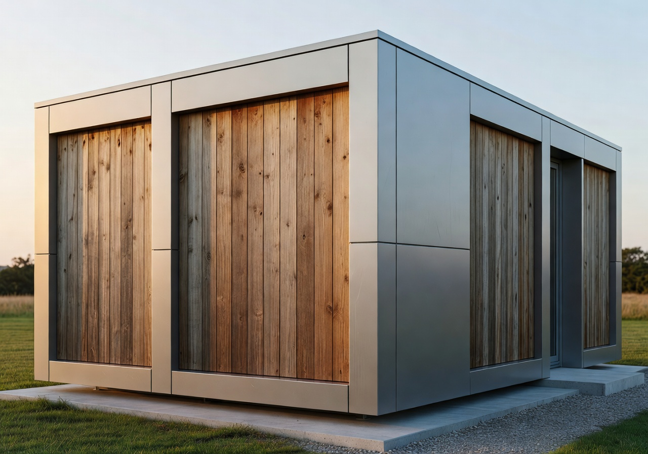 A1 Compact modular home exterior view showing wood and metal facade design