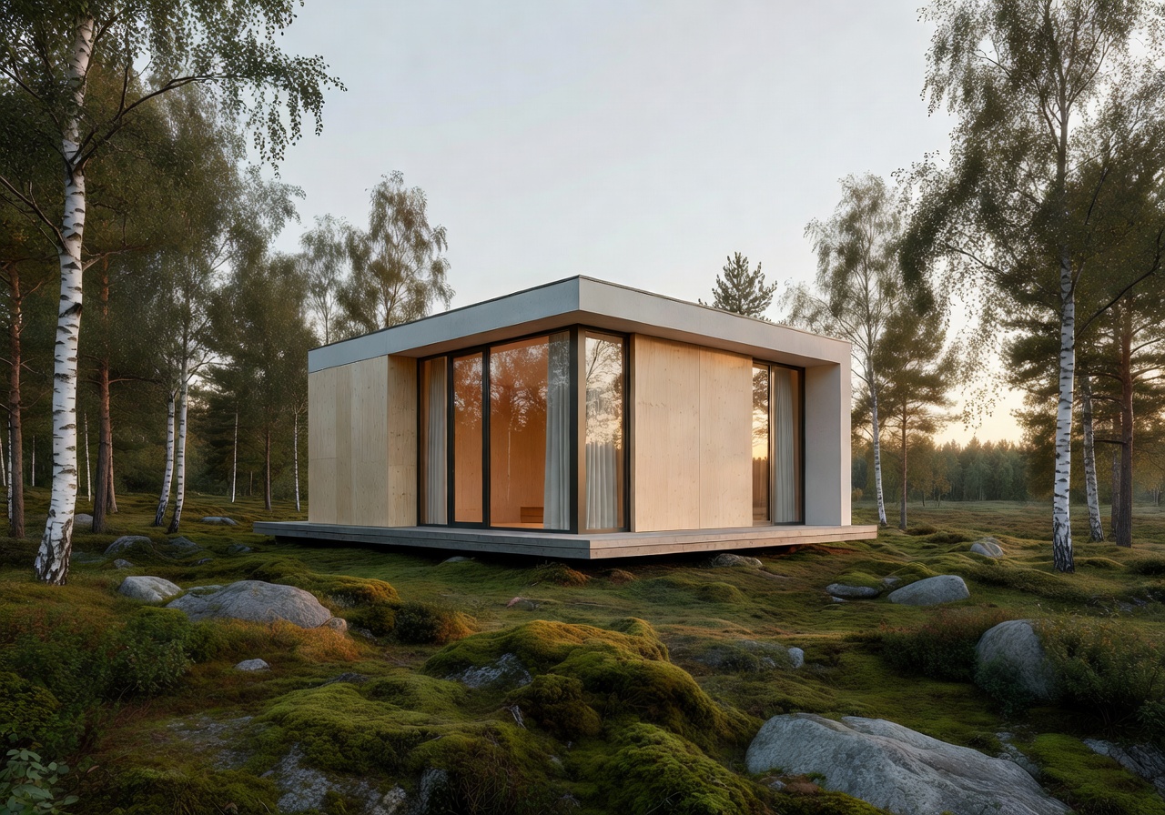 A1 Compact portable modular home with minimal Scandinavian design in natural setting