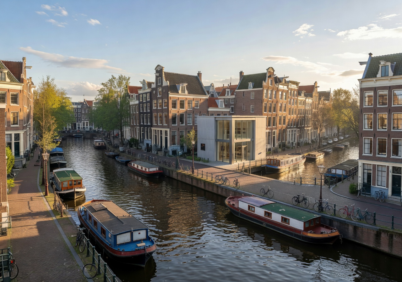 Aerial view of Amsterdam canal district near Arcadevistahop showroom location