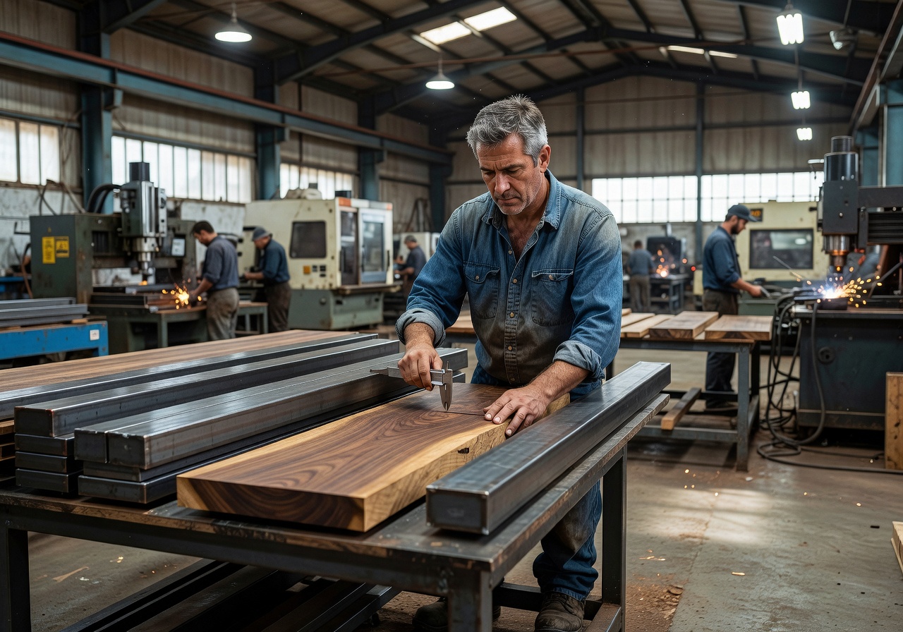 Arcadevistahop founder inspecting premium wood and steel materials in the manufacturing facility