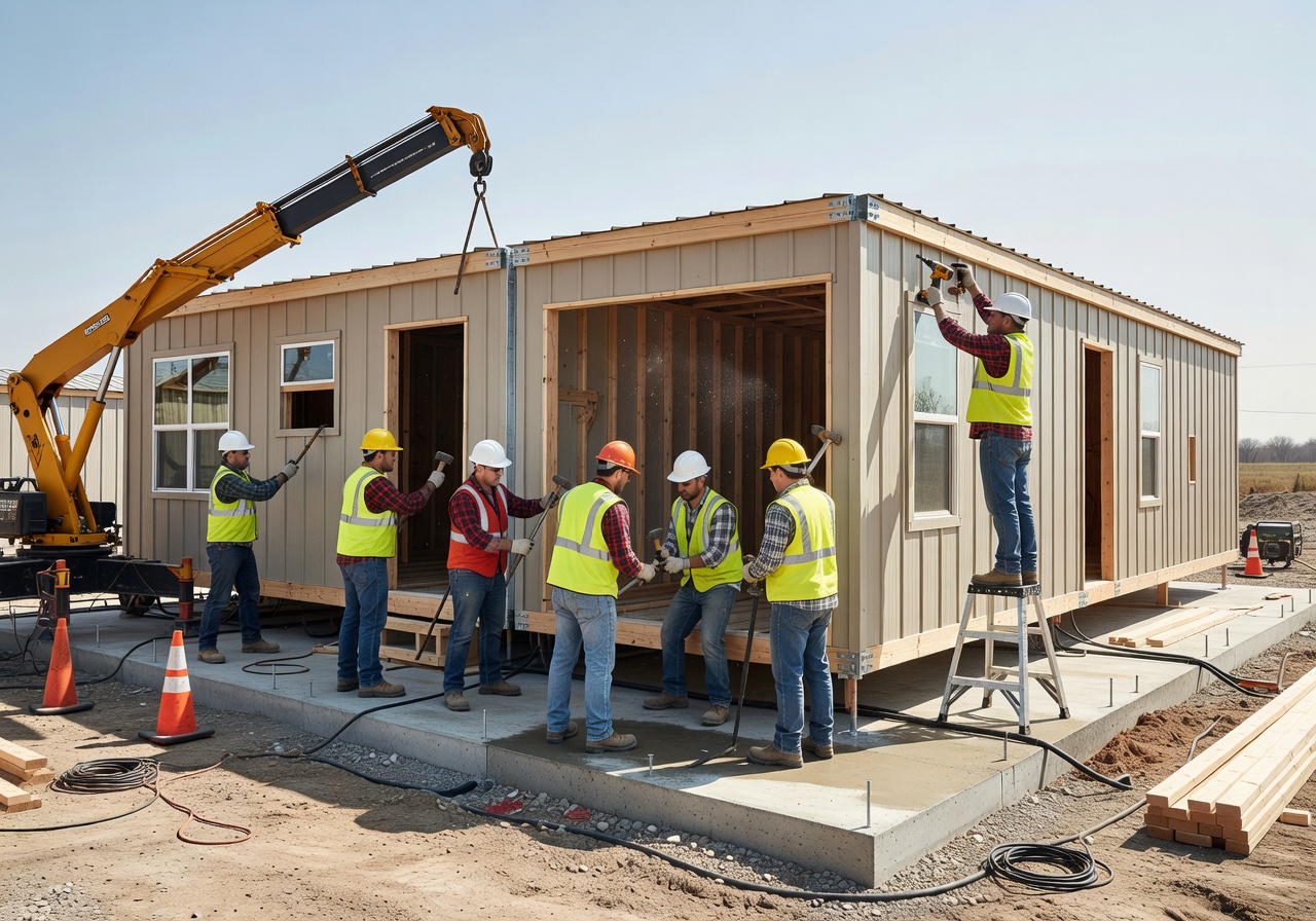 Assembly team working on connecting modular home sections on a prepared foundation site