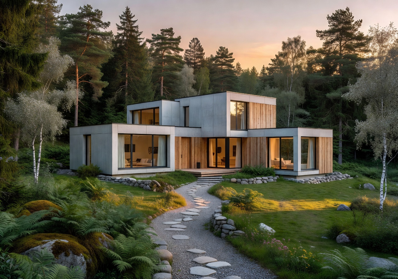 Beautiful modular home in evening light surrounded by nature