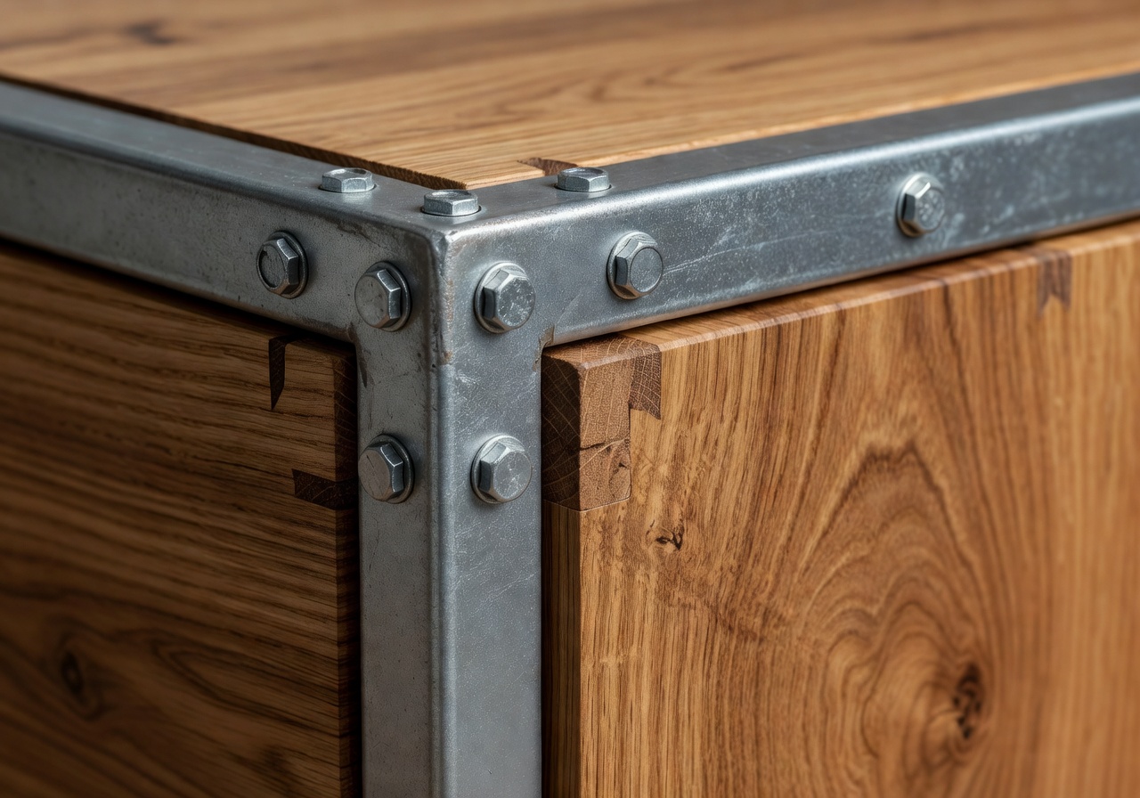 Close-up detail of galvanized steel frame joint with natural wood paneling showing premium build quality