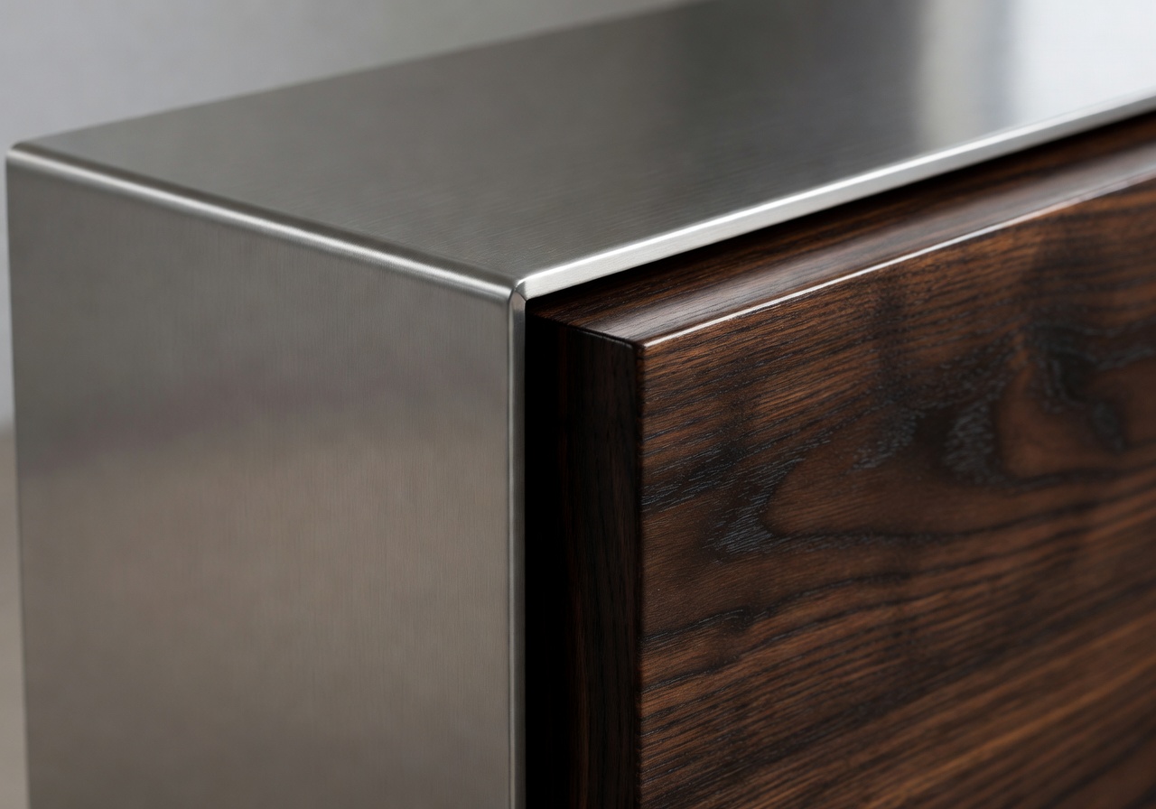 Close-up of premium metal structure with natural wood paneling and high quality finish