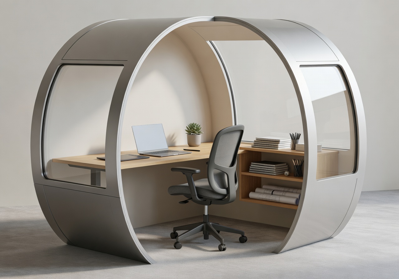 Compact studio pod used as a creative workspace and home office