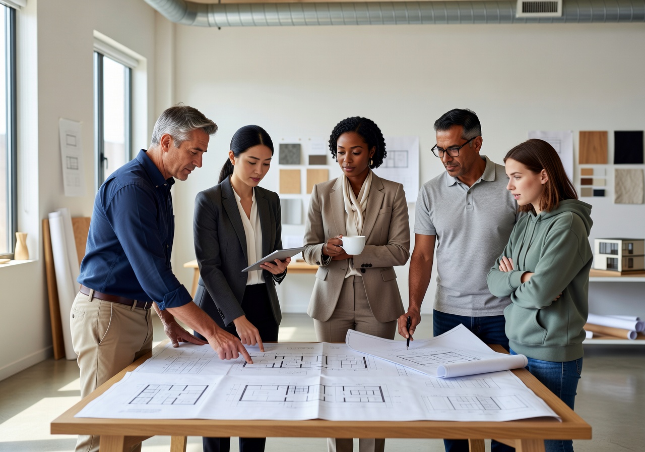 Design team reviewing architectural plans for new modular home model
