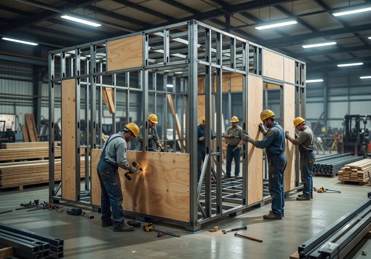 Factory construction of modular portable home with metal frame and wood panels