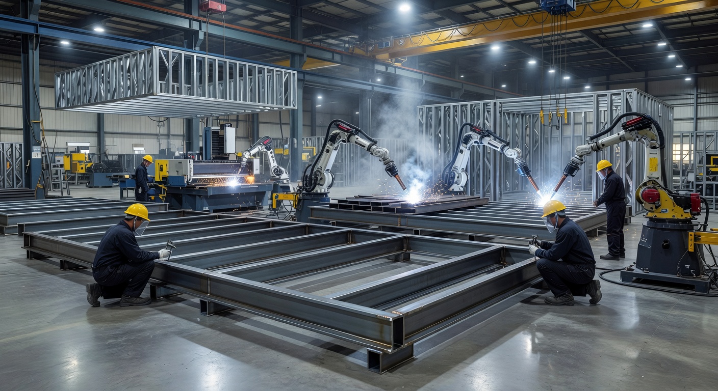 Factory floor showing precision manufacturing of modular home steel frames