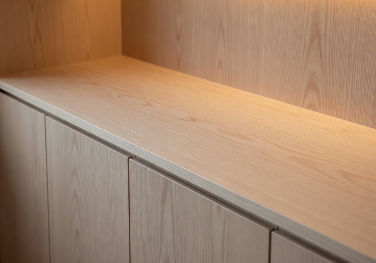 Interior detail showing Scandinavian wood finish with warm ambient lighting