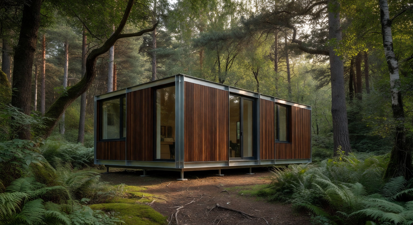 Modern modular portable house with wood and metal exterior in a natural forest setting