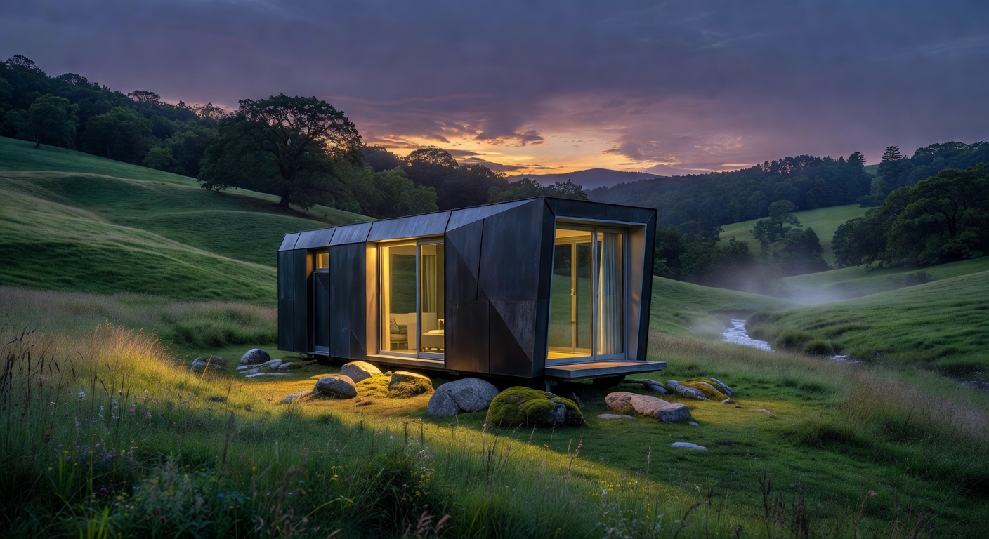 Modern portable home illuminated at dusk in a natural European landscape
