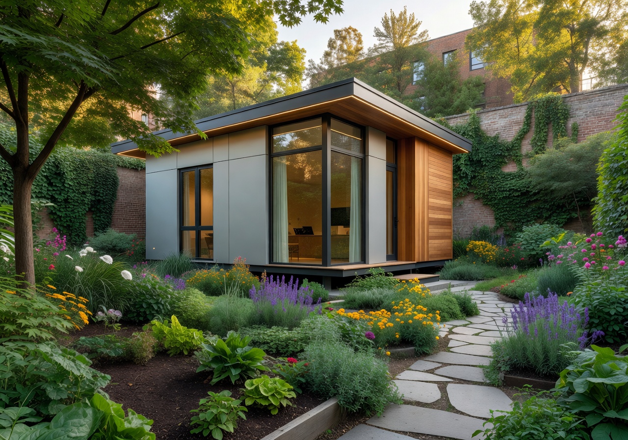 Modern portable home used as a rental property in an urban garden setting