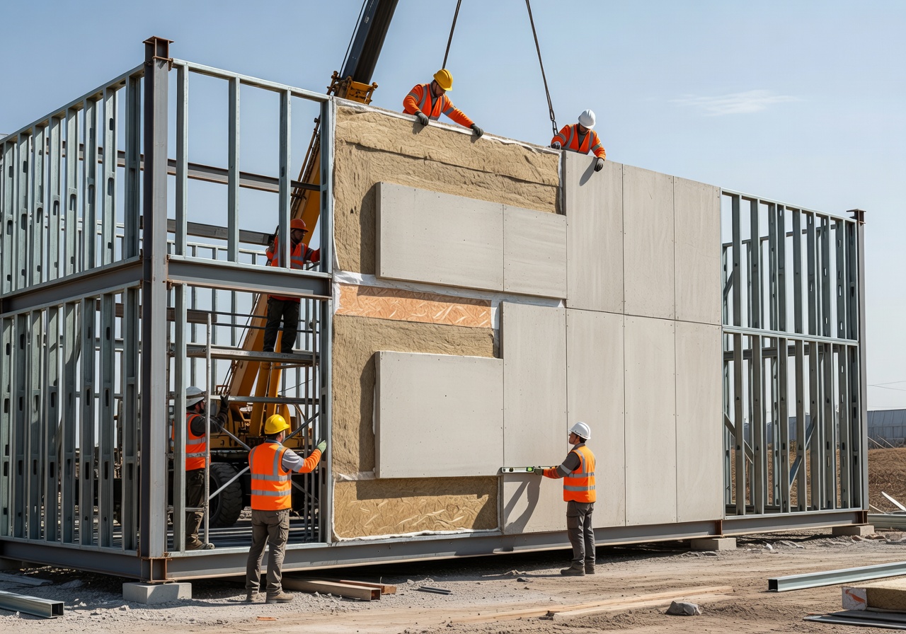 Modular construction process showing prefabricated wall panels with steel frame and insulation layers