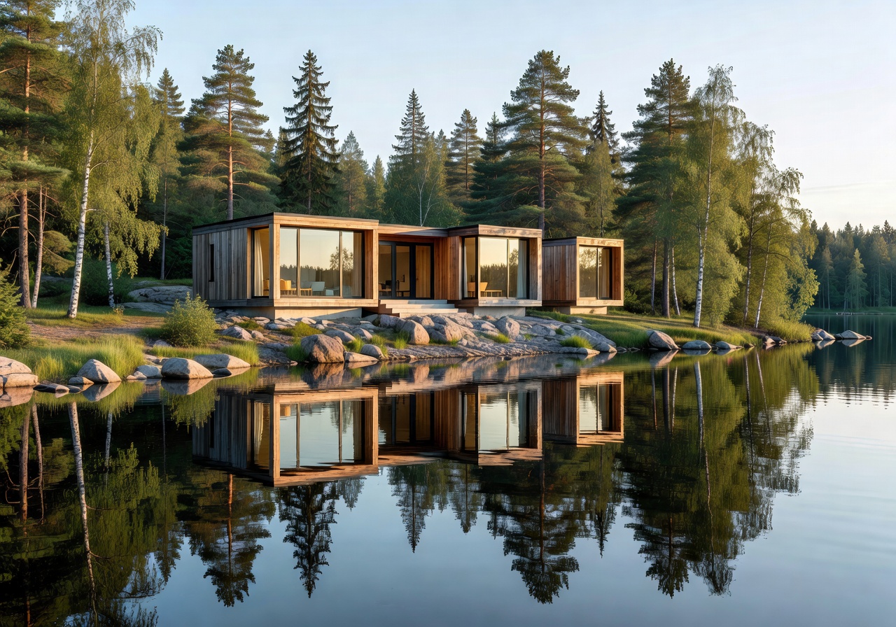 Modular home by a serene lakeside with reflection in water