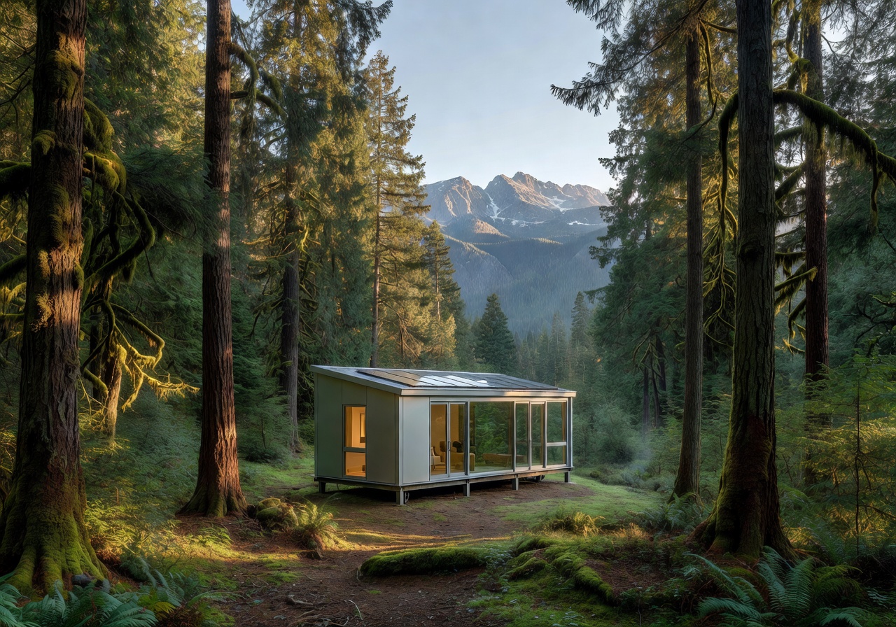Portable modular home nestled in a peaceful forest with mountain backdrop