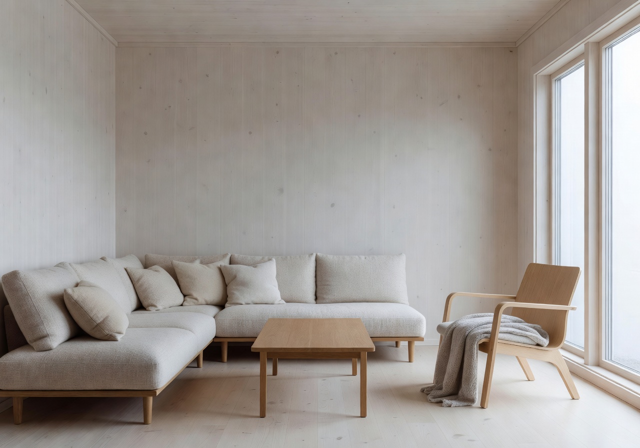 Scandinavian style interior of portable home with cozy minimal furniture