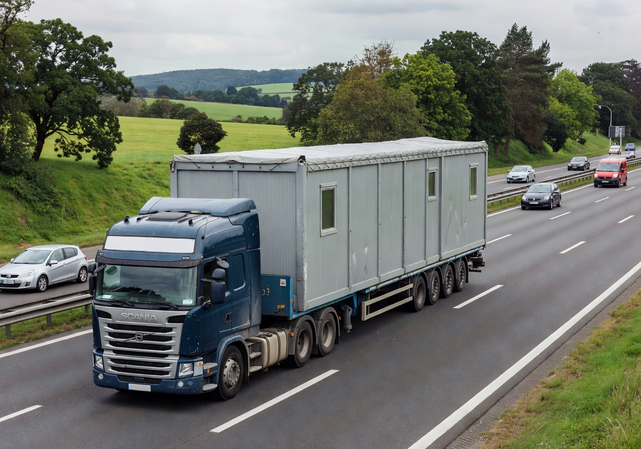 Truck transporting a modular portable home unit on a European highway